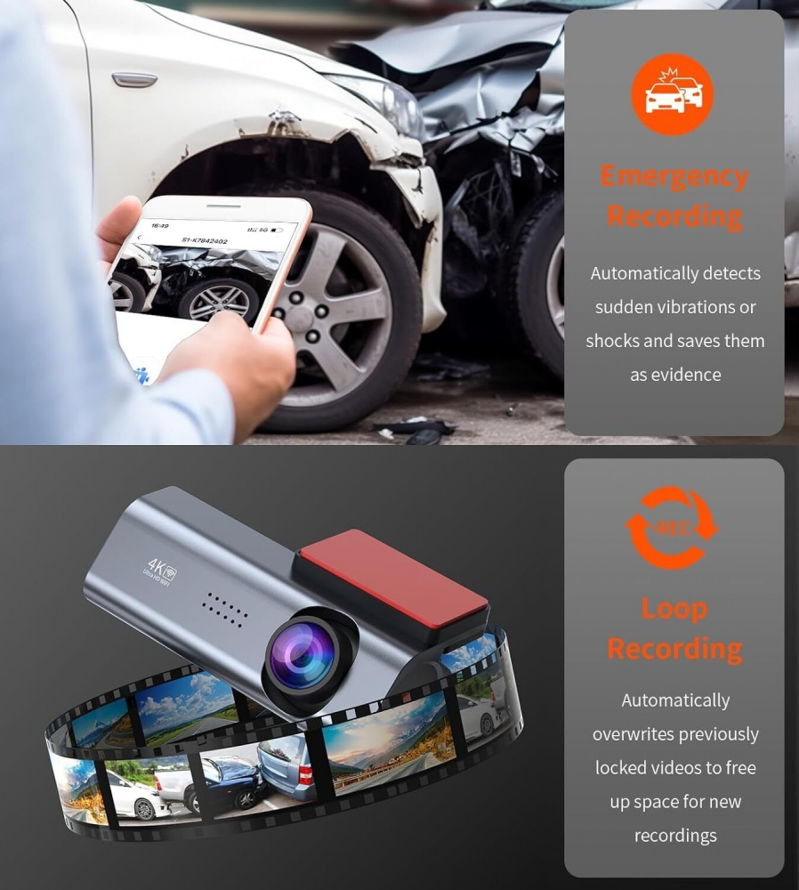 Camera Auto DVR 4K UHD Premium, INNOVIX, Unghi Larg de 170°, Conectivitate Wi-Fi, G-Sensor, WDR, Viziune Nocturna si Monitorizare Parcare, Design Compact, Argintiu [9]