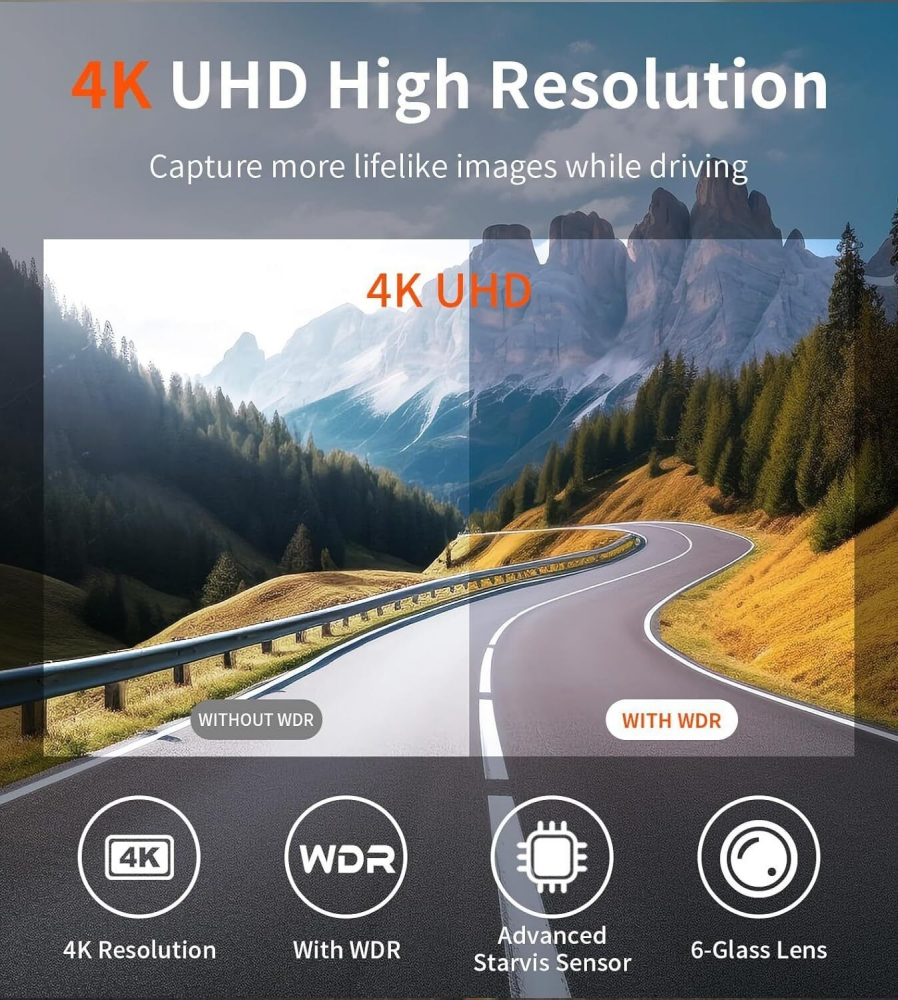 Camera Auto DVR 4K UHD Premium, INNOVIX, Unghi Larg de 170°, Conectivitate Wi-Fi, G-Sensor, WDR, Viziune Nocturna si Monitorizare Parcare, Design Compact, Argintiu [6]