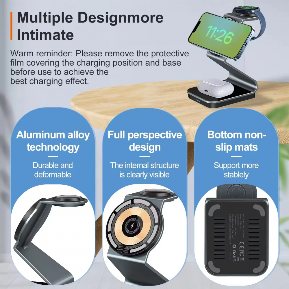 Incarcator Wireless 3 in 1 INNOVIX, Magnetic, Portabil, Fast Charge, Compatibil cu iPhone Seria 15 14 13 12, Apple Watch si AirPods, Aliaj de Aluminiu, Incarcare Verticala si Orizontala, Gri Antracit [6]