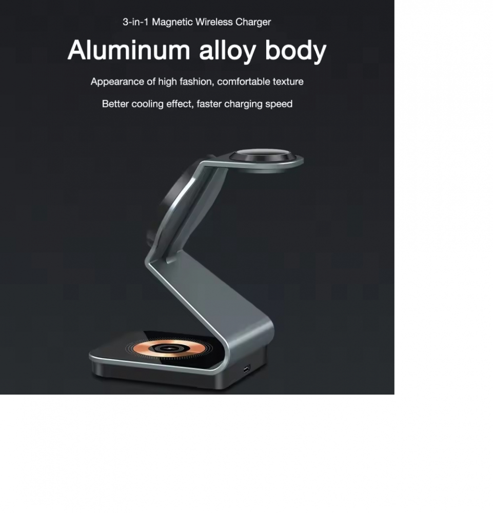 Incarcator Wireless 3 in 1 INNOVIX, Magnetic, Portabil, Fast Charge, Compatibil cu iPhone Seria 15 14 13 12, Apple Watch si AirPods, Aliaj de Aluminiu, Incarcare Verticala si Orizontala, Gri Antracit [8]
