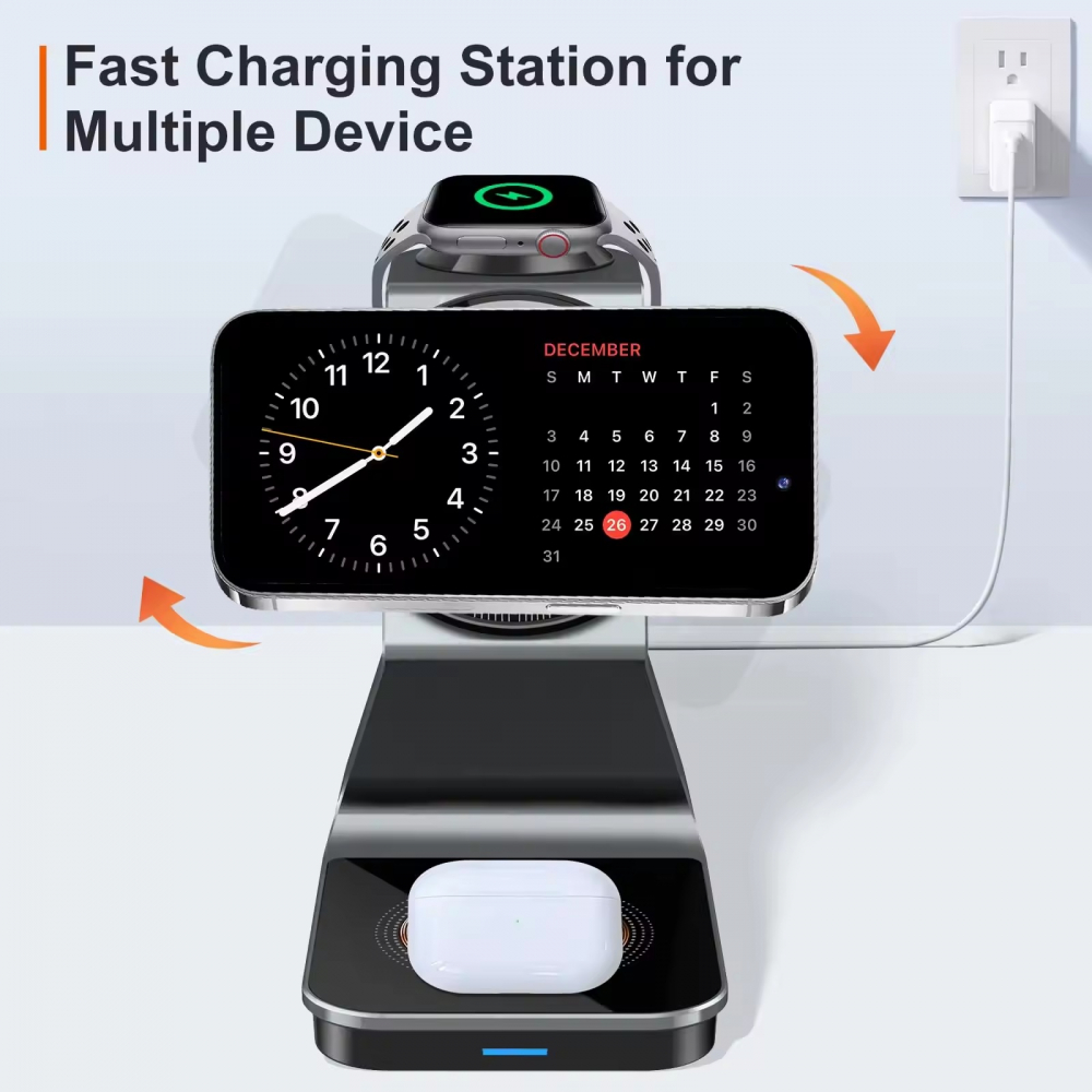 Incarcator Wireless 3 in 1 INNOVIX, Magnetic, Portabil, Fast Charge, Compatibil cu iPhone Seria 15 14 13 12, Apple Watch si AirPods, Aliaj de Aluminiu, Incarcare Verticala si Orizontala, Gri Antracit [5]