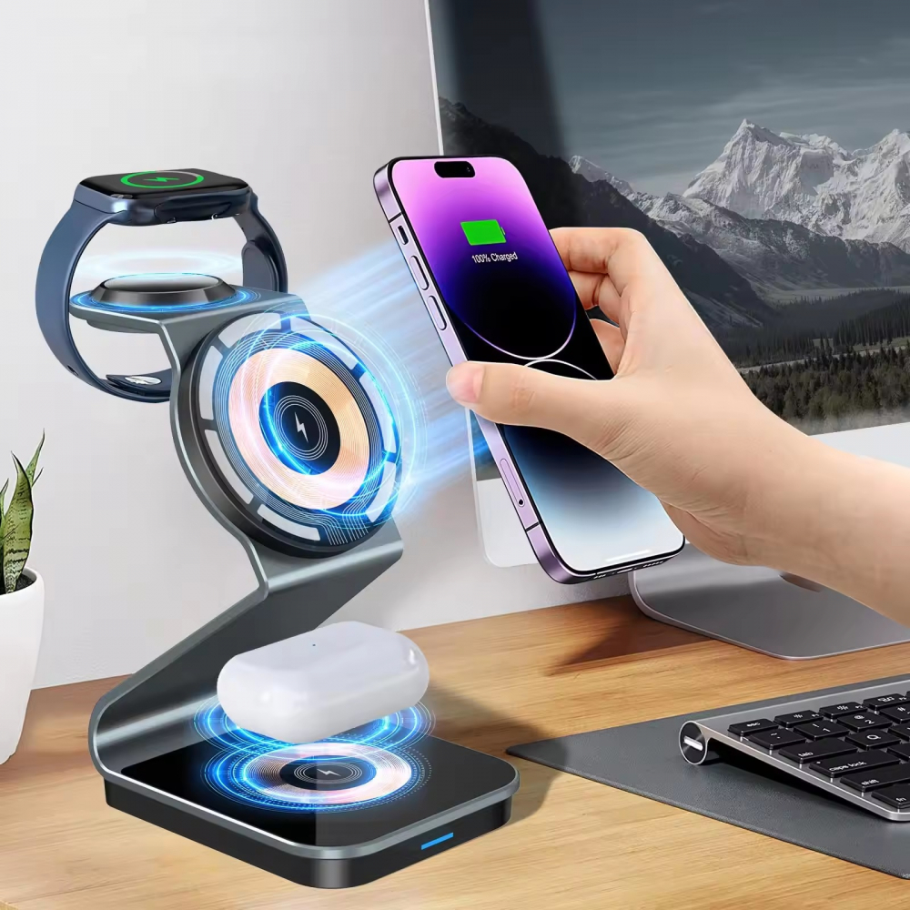 Incarcator Wireless 3 in 1 INNOVIX, Magnetic, Portabil, Fast Charge, Compatibil cu iPhone Seria 15 14 13 12, Apple Watch si AirPods, Aliaj de Aluminiu, Incarcare Verticala si Orizontala, Gri Antracit [3]