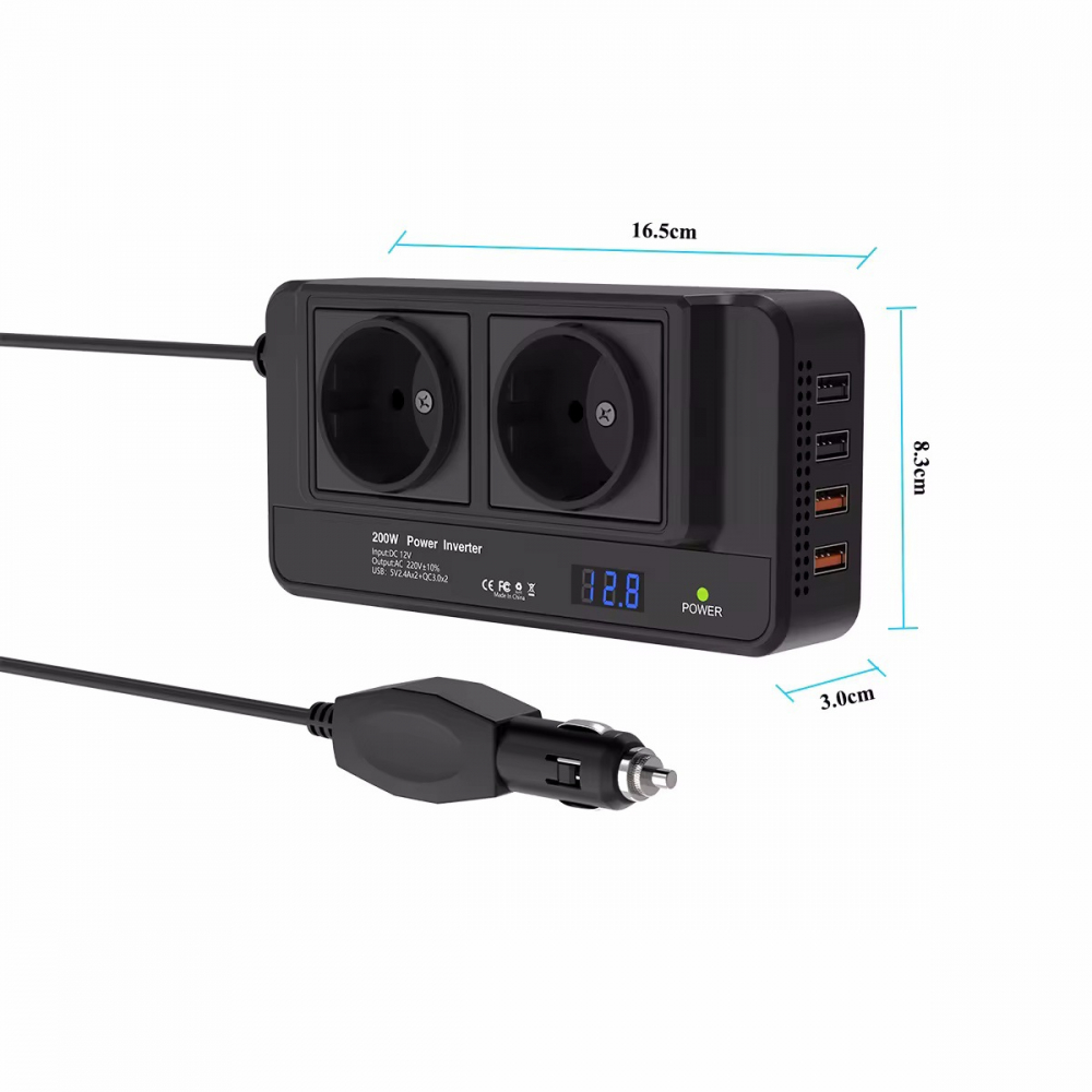 Invertor Auto Portabil INNOVIX 200W, DC12V La AC220V, Afisaj LCD, 2 Prize AC EU, 4 Porturi USB-C Fast, Negru [4]