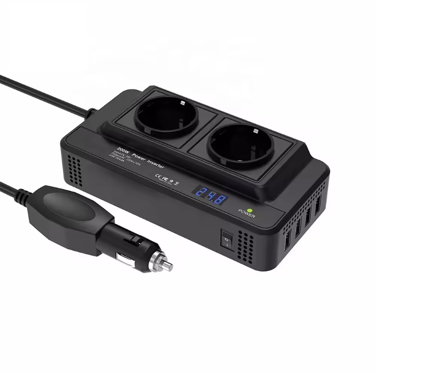 Invertor Auto Portabil INNOVIX 200W, DC12V La AC220V, Afisaj LCD, 2 Prize AC EU, 4 Porturi USB-C Fast, Negru [2]