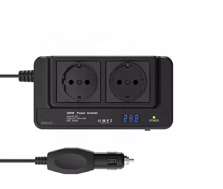 Invertor Auto Portabil INNOVIX 200W, DC12V La AC220V, Afisaj LCD, 2 Prize AC EU, 4 Porturi USB-C Fast, Negru [1]