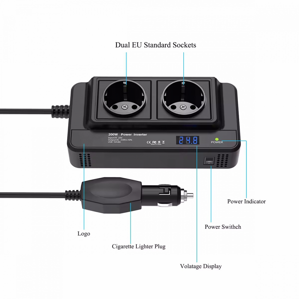 Invertor Auto Portabil INNOVIX 200W, DC12V La AC220V, Afisaj LCD, 2 Prize AC EU, 4 Porturi USB-C Fast, Negru [5]