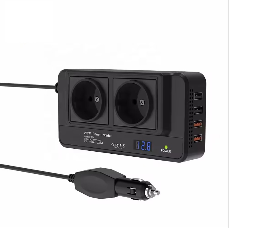 Invertor Auto Portabil INNOVIX 200W, DC12V La AC220V, Afisaj LCD, 2 Prize AC EU, 4 Porturi USB-C Fast, Negru [6]