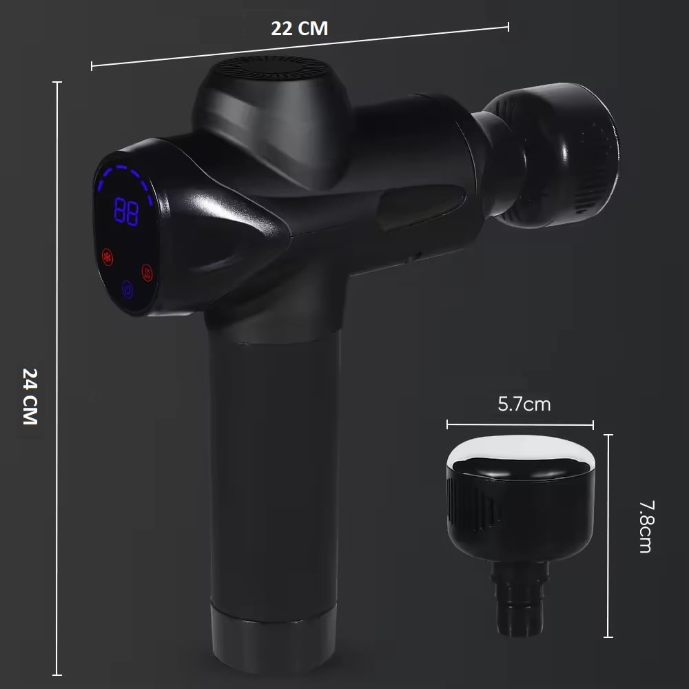 Pistol de Masaj INNOVIX cu 7 Capete, 99 de Viteze, Ecran LCD Touch, Baterie Reincarcabila, autonomie 2-3h, Fara Fir, Silentios, Geanta Transport, Negru [10]