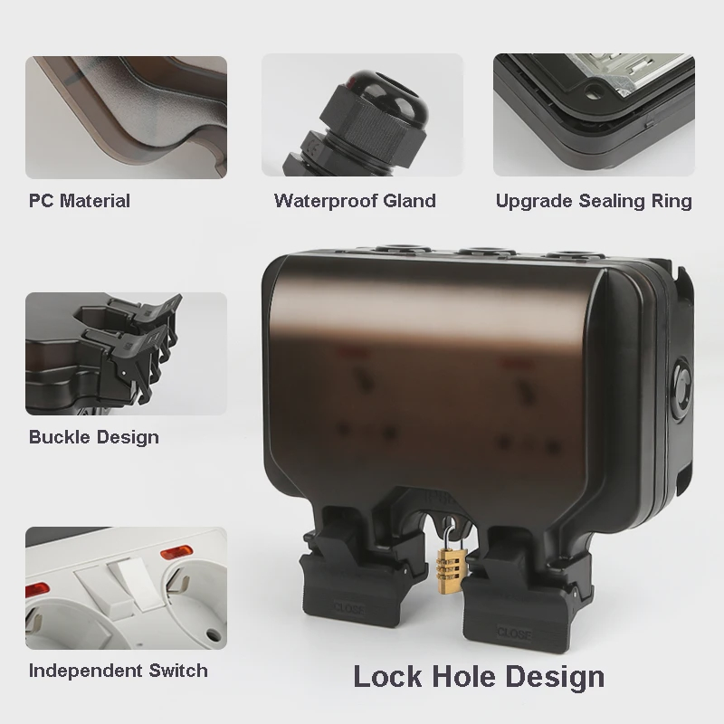 Priza Dubla Exterior Innovix, Standard European, 250V, 16A, IP66 Rezistenta la Apa si Praf, Neagra, cu Intrerupatoare Individuale [6]