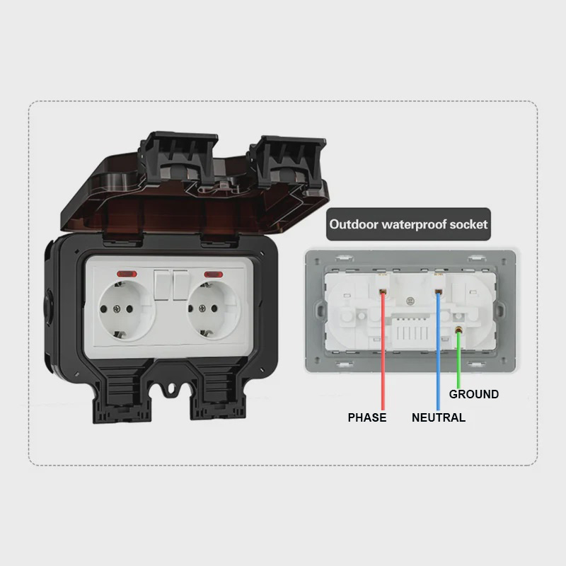 Priza Dubla Exterior Innovix, Standard European, 250V, 16A, IP66 Rezistenta la Apa si Praf, Neagra, cu Intrerupatoare Individuale [3]