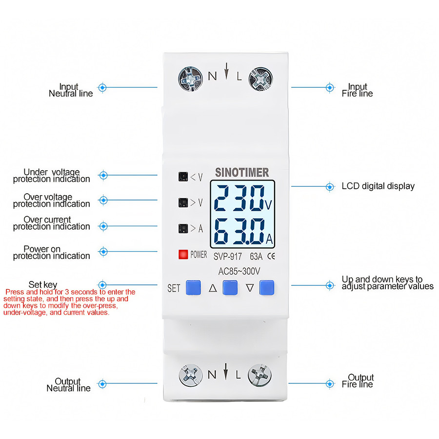 Releu de Protectie la Supratensiune si Curent, Sinotimer, INNOVIX, SVP917, 100x36x67.5mm, Alb, 63A, 220V, LCD, Resetare Automata, Protectie Anti-Traznet [3]