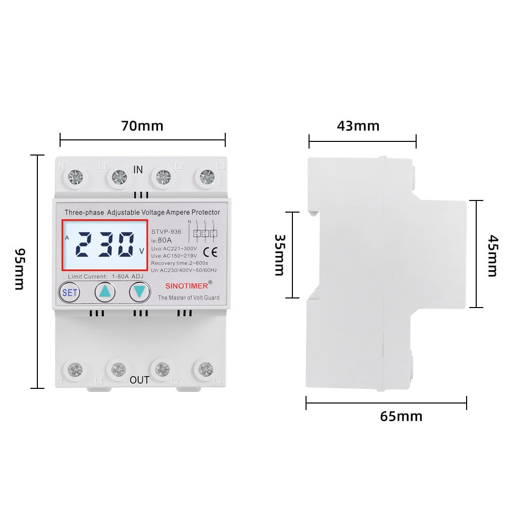 Releu Trifazic de Protectie Tensiune INNOVIX STVP-936 – 80A, Reglabil, Recuperare Automata, Display Digital, 380V, Alb [5]
