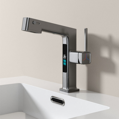 Baterie Lavoar INNOVIX cu Display Digital, Furtun Extensibil 60 cm, Rotire 360°, Top Ceramic, Control Temperatura, Gri Mat [1]