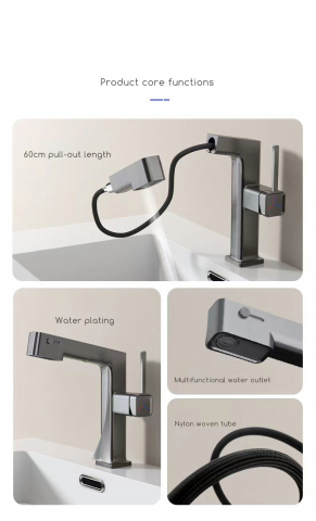 Baterie Lavoar INNOVIX cu Display Digital, Furtun Extensibil 60 cm, Rotire 360°, Top Ceramic, Control Temperatura, Gri Mat [5]