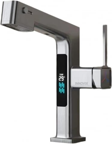 Accesorii Sanitare - Baterie Lavoar INNOVIX cu Display Digital, Furtun Extensibil 60 cm, Rotire 360°, Top Ceramic, Control Temperatura, Gri Mat