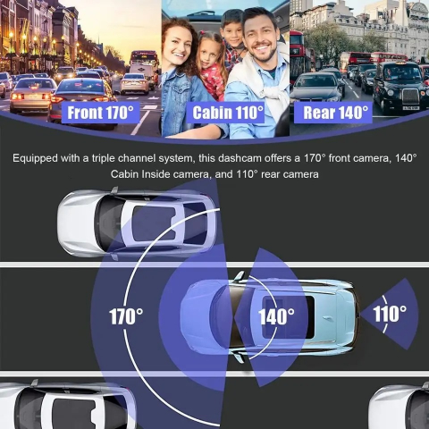 Camera Auto DVR INNOVIX, Rezolutie Full HD 1080p, cu 3 Lentile, Vizualizare 170°, Display IPS 2.45 inch, Inregistrare Loop, Senzor G, Mod Noapte, Suport Card micro SD pana la 64GB, Neagra [7]