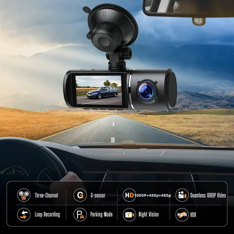 Camera Auto DVR INNOVIX, Rezolutie Full HD 1080p, cu 3 Lentile, Vizualizare 170°, Display IPS 2.45 inch, Inregistrare Loop, Senzor G, Mod Noapte, Suport Card micro SD pana la 64GB, Neagra [5]