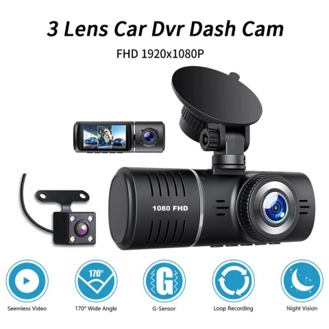 Camera Auto DVR INNOVIX, Rezolutie Full HD 1080p, cu 3 Lentile, Vizualizare 170°, Display IPS 2.45 inch, Inregistrare Loop, Senzor G, Mod Noapte, Suport Card micro SD pana la 64GB, Neagra [3]