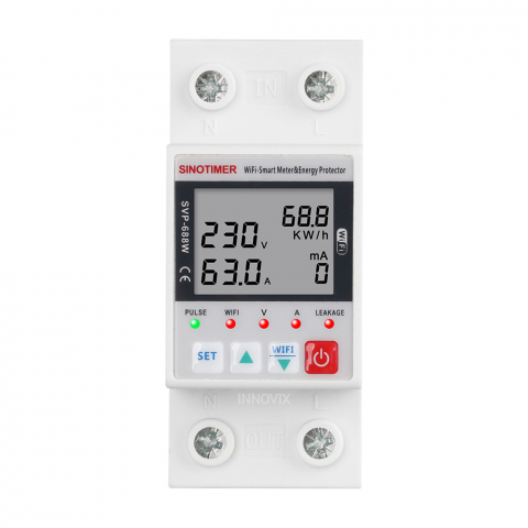 Accesorii Tablouri Electrice - Contor Monofazat WiFi INNOVIX, SVP-688W, Protectie Completa cu Controlul Supra - Subtensiunii, Reglabil intre 1 – 63A, Limitarea Curentului, Reconectare Automata, Alb