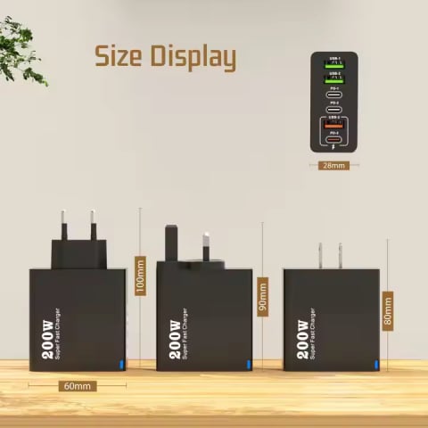 Incarcator INNOVIX, 200W USB si USB-C GaN, 6 Porturi (3A+3C), Super Fast Charger, Compatibil Laptop, Telefon, Tableta, Negru [3]