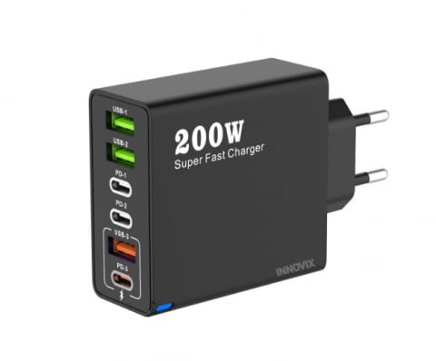 Incarcatoare Telefoane - Incarcator INNOVIX, 200W USB si USB-C GaN, 6 Porturi (3A+3C), Super Fast Charger, Compatibil Laptop, Telefon, Tableta, Negru