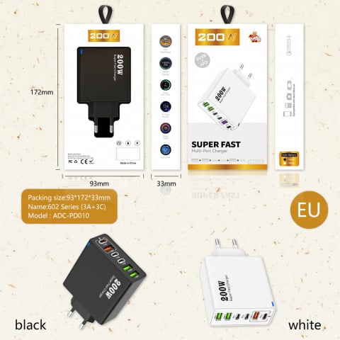 Incarcator INNOVIX, 200W USB si USB-C GaN, 6 Porturi (3A+3C), Super Fast Charger, Compatibil Laptop, Telefon, Tableta, Negru [5]