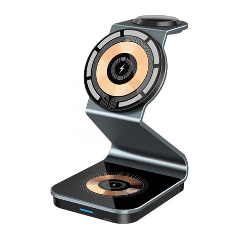 Incarcatoare Telefoane - Incarcator Wireless 3 in 1 INNOVIX, Magnetic, Portabil, Fast Charge, Compatibil cu iPhone Seria 15 14 13 12, Apple Watch si AirPods, Aliaj de Aluminiu, Incarcare Verticala si Orizontala, Gri Antracit
