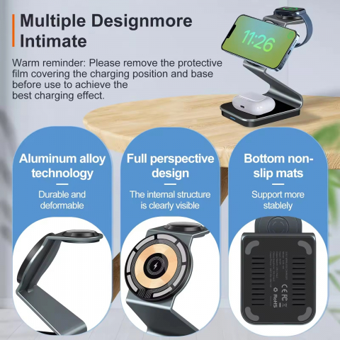 Incarcator Wireless 3 in 1 INNOVIX, Magnetic, Portabil, Fast Charge, Compatibil cu iPhone Seria 15 14 13 12, Apple Watch si AirPods, Aliaj de Aluminiu, Incarcare Verticala si Orizontala, Gri Antracit [5]