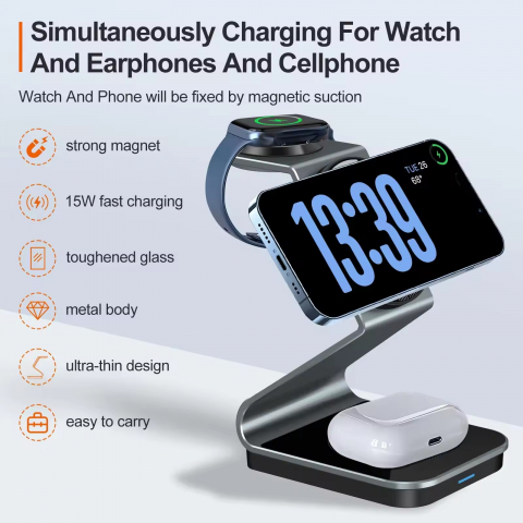 Incarcator Wireless 3 in 1 INNOVIX, Magnetic, Portabil, Fast Charge, Compatibil cu iPhone Seria 15 14 13 12, Apple Watch si AirPods, Aliaj de Aluminiu, Incarcare Verticala si Orizontala, Gri Antracit [3]