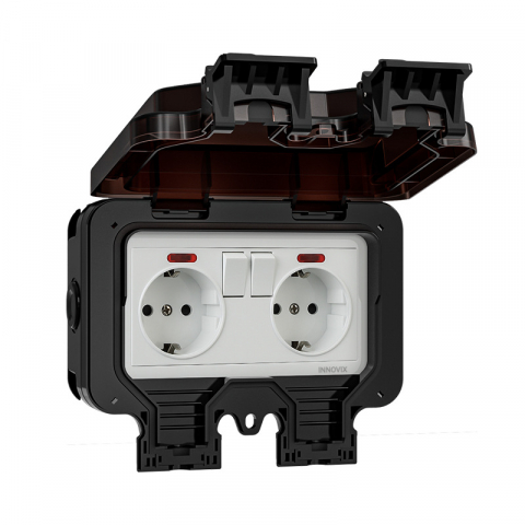Prize si Intrerupatoare - Priza Dubla Exterior Innovix, Standard European, 250V, 16A, IP66 Rezistenta la Apa si Praf, Neagra, cu Intrerupatoare Individuale