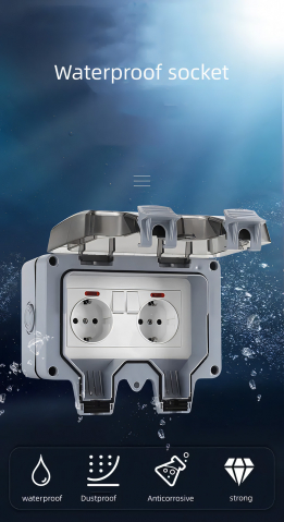Priza dubla exterior INNOVIX, Model Standard European, 250V/16A, IP66, rezistenta la apa si praf, gri cu intrerupatoare individuale [4]