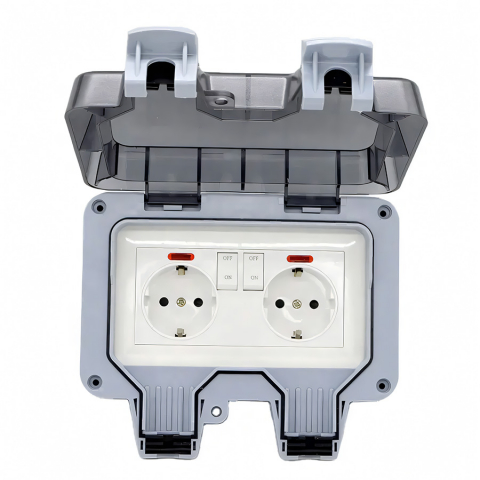 Prize si Intrerupatoare - Priza dubla exterior INNOVIX, Model Standard European, 250V/16A, IP66, rezistenta la apa si praf, gri cu intrerupatoare individuale