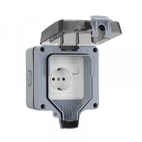 Prize si Intrerupatoare - Priza simpla exterior INNOVIX, Model Standard European, 250V/16A, IP66, rezistenta la apa si praf, gri cu intrerupator