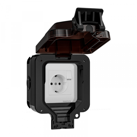 Prize si Intrerupatoare - Priza simpla exterior INNOVIX, Model Standard European, 250V/16A, IP66, rezistenta la apa si praf, neagra cu intrerupator