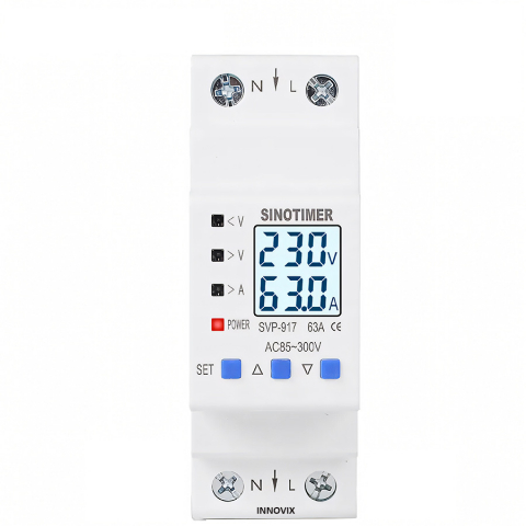 Accesorii Tablouri Electrice - Releu de Protectie la Supratensiune si Curent, Sinotimer, INNOVIX, SVP917, 100x36x67.5mm, Alb, 63A, 220V, LCD, Resetare Automata, Protectie Anti-Traznet