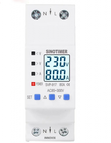 Accesorii Tablouri Electrice - Releu de Protectie la Supratensiune si Curent, Sinotimer, INNOVIX, SVP917, 100x36x67.5mm, Alb, 80A, 220V, LCD, Resetare Automata, Protectie Anti-Traznet