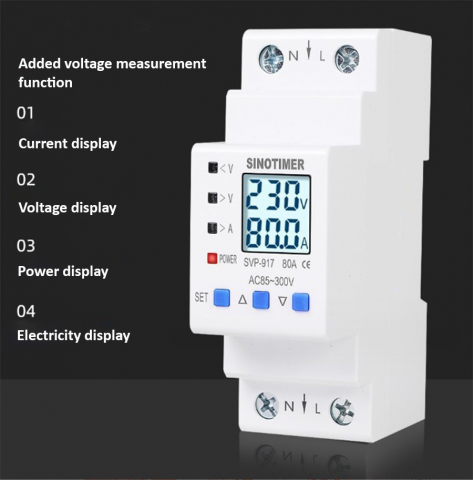 Releu de Protectie la Supratensiune si Curent, Sinotimer, INNOVIX, SVP917, 100x36x67.5mm, Alb, 80A, 220V, LCD, Resetare Automata, Protectie Anti-Traznet [8]