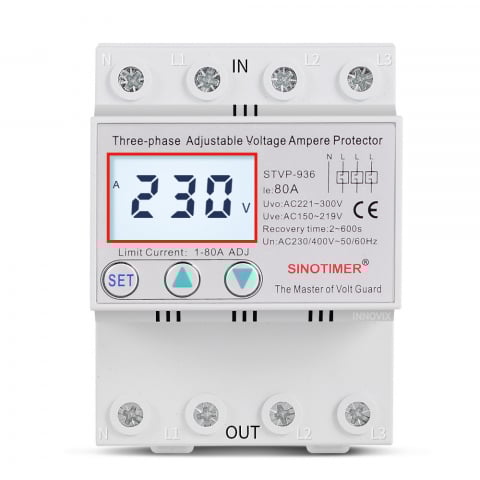 Accesorii Tablouri Electrice - Releu Trifazic de Protectie Tensiune INNOVIX STVP-936 – 80A, Reglabil, Recuperare Automata, Display Digital, 380V, Alb