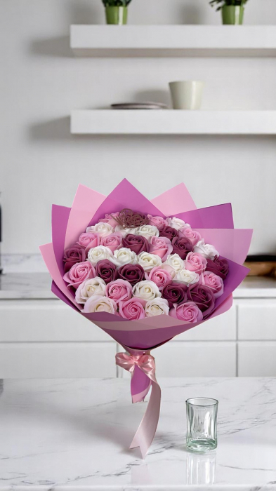 Buchet Trandafiri Roz-Alb-Burgundy [1]