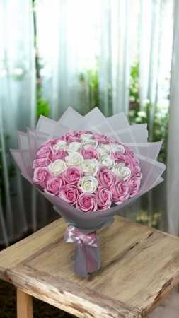 Buchete Trandafiri Sapun - Buchet Star Roz-Alb