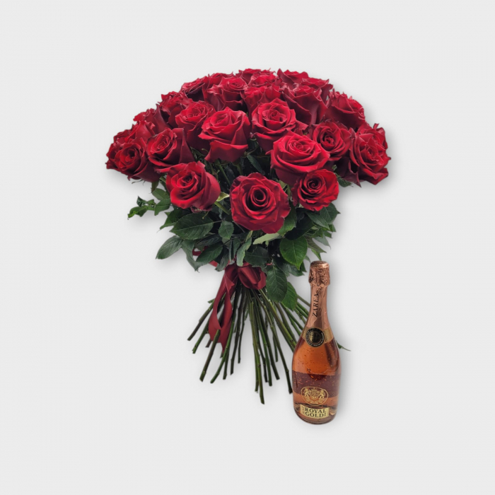 Buchet 51 trandafiri rosii si sampanie cu foita de aur [1]