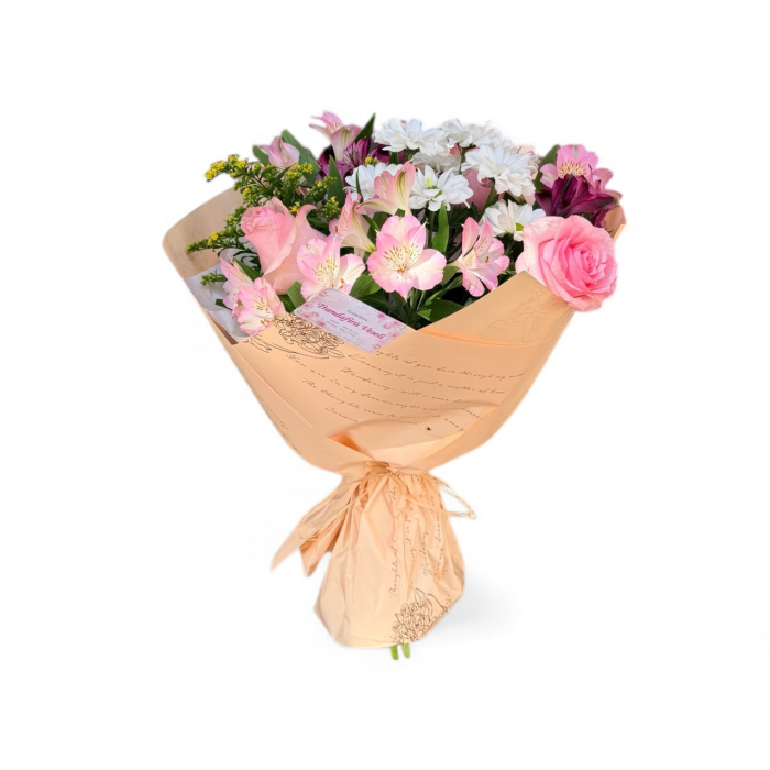 Aranjament cu trandafiri, crizantemă, solidago și alstroemeria. [3]