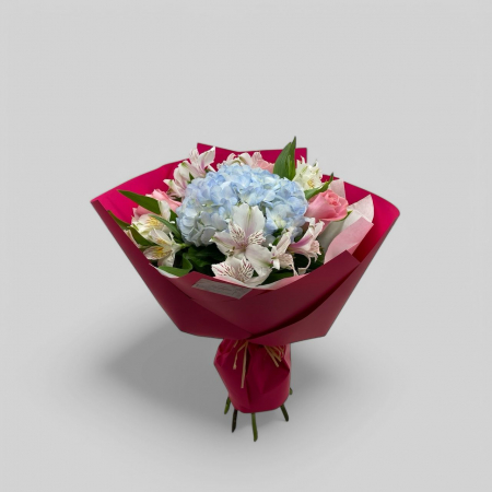 Buchete hortensie - Buchet cu hortensie, trandafiri roz si alstroemeria.