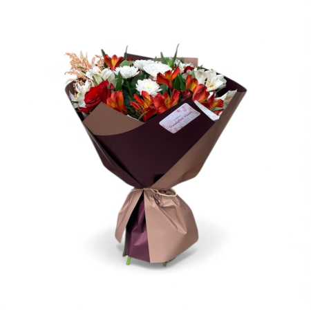 Aranjament cu trandafiri, crizantemă, solidago și alstroemeria. [1]