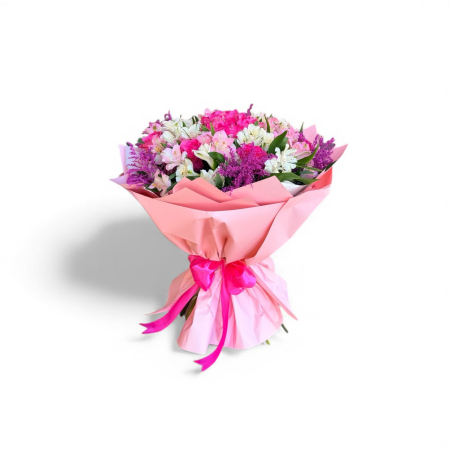 Buchete cu flori mixte - Aranjament floral ce contine hortensie, trandafiri, solidago și alstroemeria.