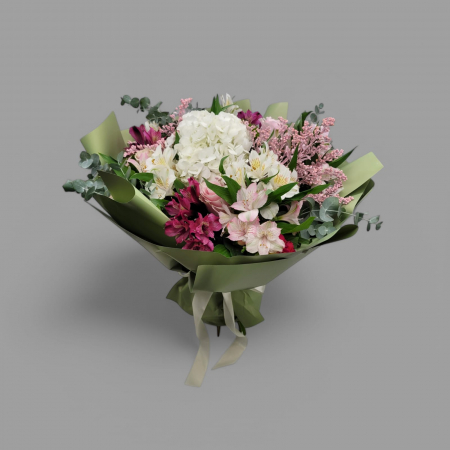 Buchete cu flori elegante - Buchet hortensie alba cu trandafiri roz