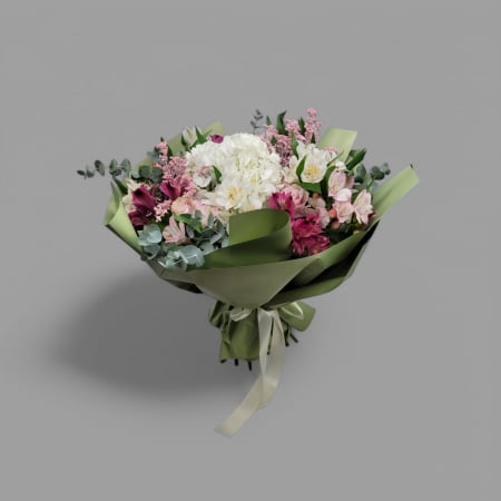 Buchet hortensie alba cu trandafiri roz [1]