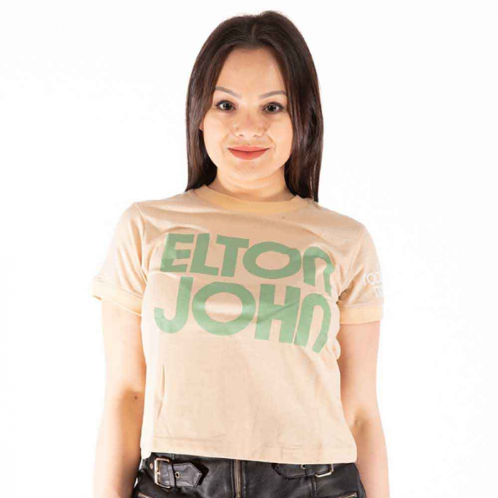 Elton John Ladies Crop Top: Retro Text Ringer (Sleeve Print) [1]