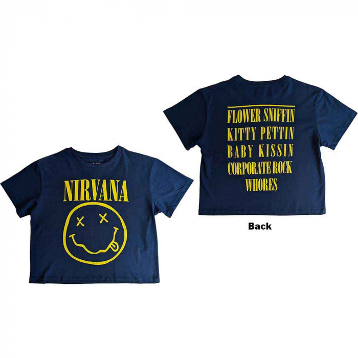 Nirvana Ladies Crop Top: Yellow Happy Face Flower Sniffin (Back Print) [1]