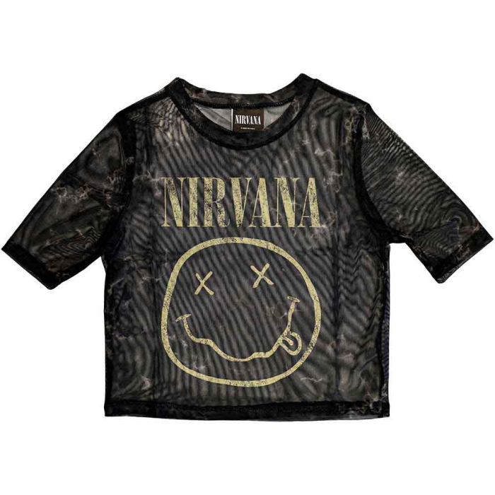 Nirvana Ladies Crop Top: Yellow Happy Face (Mesh) [1]